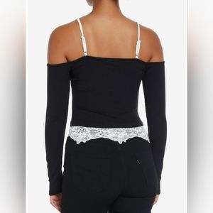 Thorn & Fable Black Ruched Lace Trim Crop Top